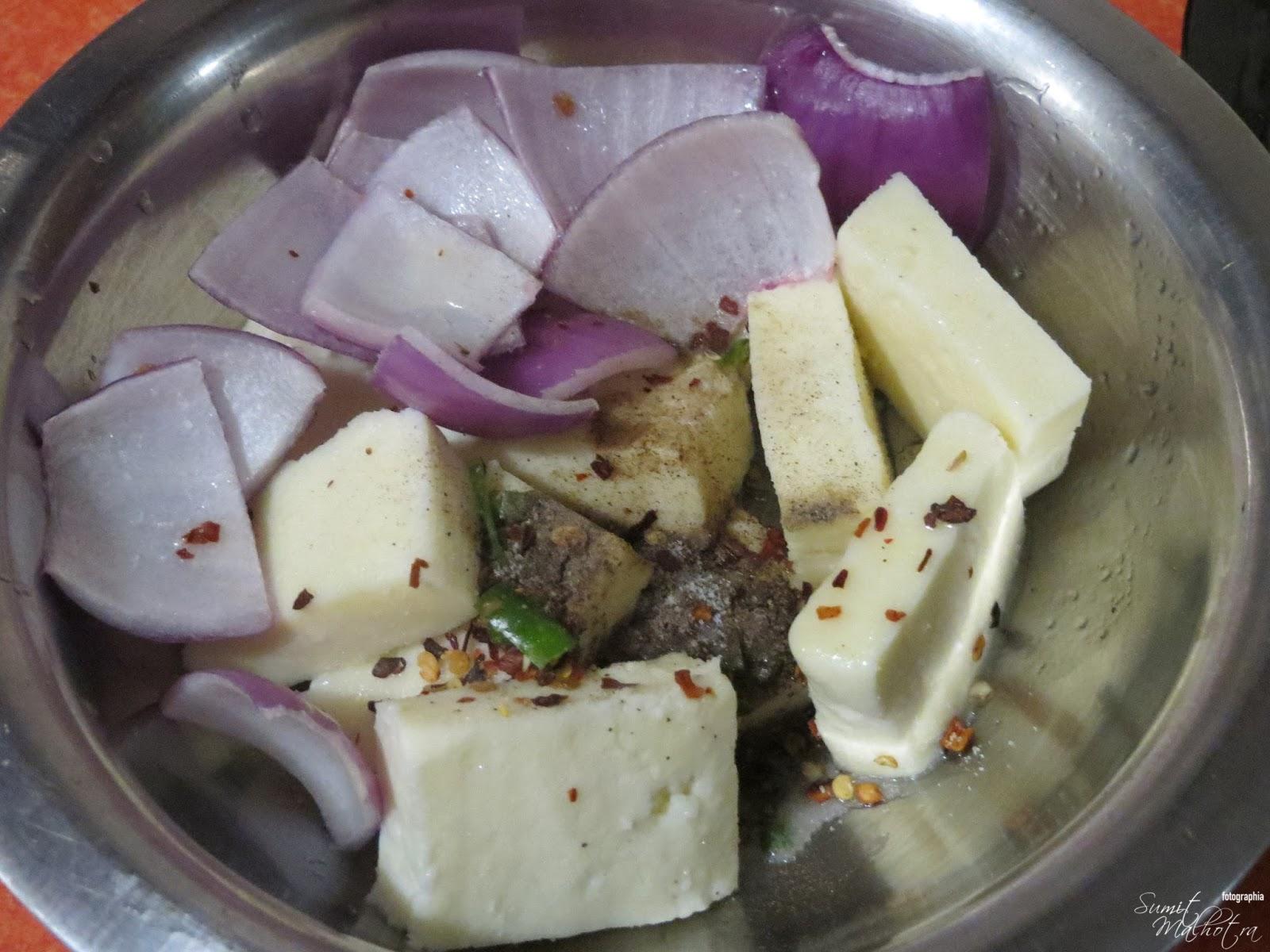 Marinate the paneer & onions