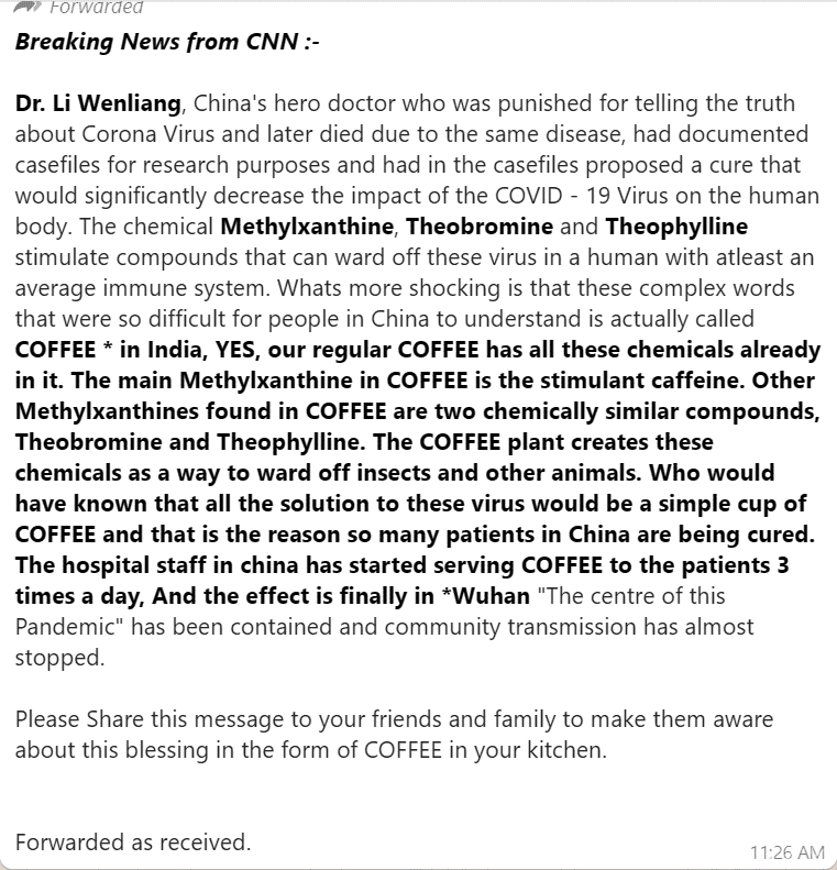 Coffee cure for coronavirus | did dr li wenliang claim this? (source: whatsapp forward)