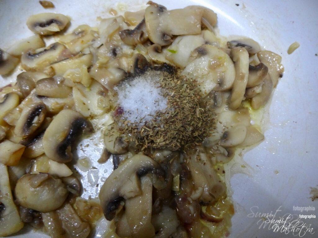 Add sea salt and dried thyme to mushrooms