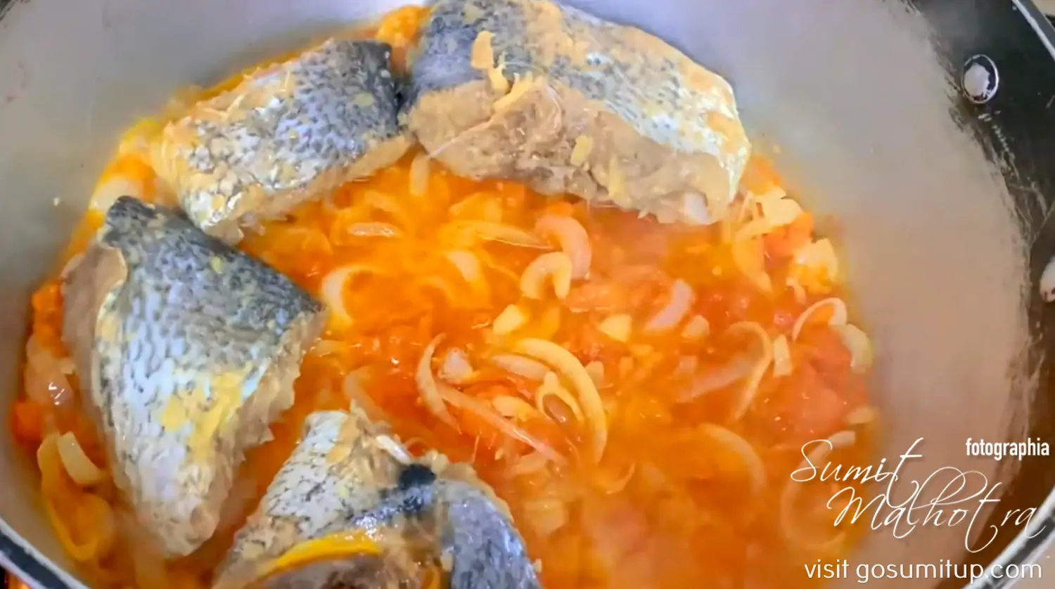 Fish added to the calulu stew