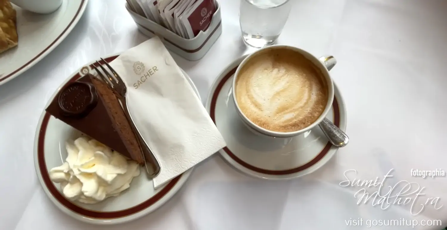 Sachertorte or sacher torte & cappucino at café sacher