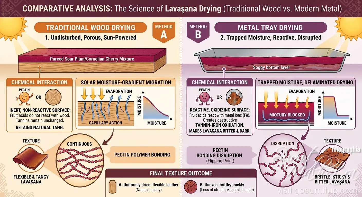 Infographic mapping out the science of lavaşana drying process, illustrating wood capillary action vs metal tray tannin iron oxidation.